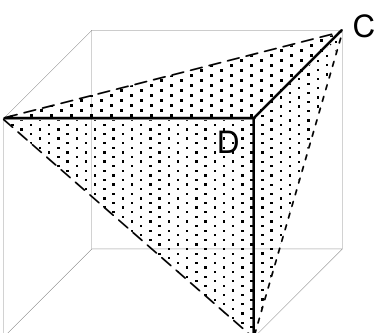 Cubo em perspectiva com a pirâmide ABCD destacada por faces pontilhadas. A é o vértice superior esquerdo da face frontal, D é o vértice superior direito dessa face, B é o vértice inferior direito dessa face e C é o vértice superior direito da face posterior. Os segmentos AD, DB e DC são contínuos; AB, AC e BC são tracejados. As demais arestas do cubo são representadas por linhas finas.