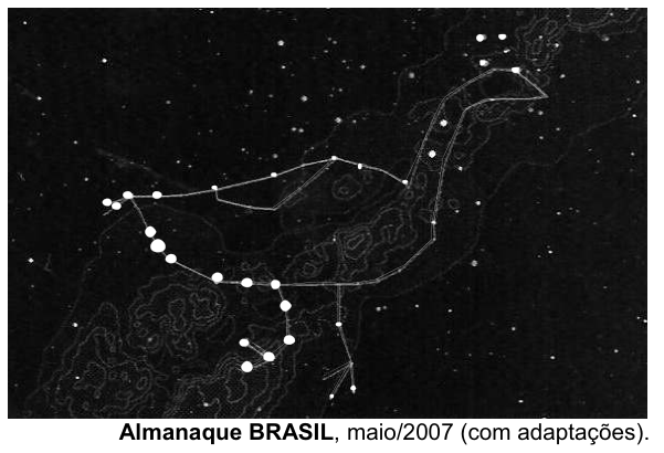 Constelação da Ema segundo a percepção indígena, representada por estrelas conectadas por traços formando a silhueta de uma ave de pescoço longo sobre o céu noturno.