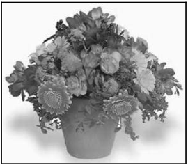 Vaso com um arranjo de flores e folhagens.