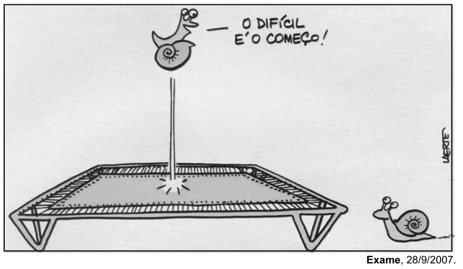 Cartum de Laerte em que um caracol salta alto sobre uma cama elástica retangular e diz: "— O DIFÍCIL É O COMEÇO!". No chão, à direita da cama elástica, outro caracol observa a cena.