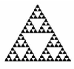 Triângulo de Sierpinski com um grande vazio triangular branco invertido no centro e três conjuntos triangulares nos vértices. Cada conjunto apresenta um vazio central e subdivisões sucessivas, formando 81 pequenos triângulos pretos.