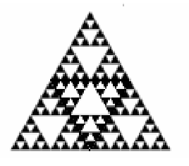Composição triangular de pequenos triângulos pretos e vazios brancos. Há vazios triangulares invertidos nas regiões superior, inferior esquerda e inferior direita, e um vazio triangular com vértice para cima na região central.