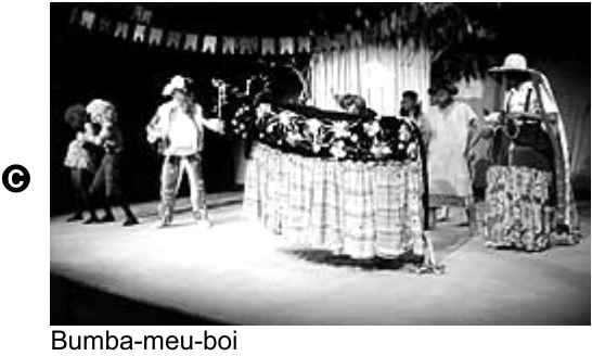 Fotografia de uma apresentação de bumba-meu-boi, com participantes fantasiados ao redor de uma armação de boi decorada, sob bandeirinhas. Legenda: Bumba-meu-boi.