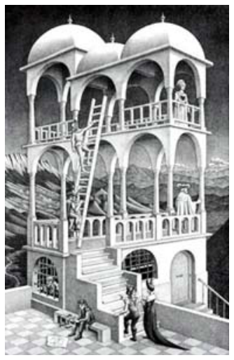 Litografia Belvedere, de M. C. Escher, mostrando um edifício de múltiplos pavimentos com colunas, escadas e arcos construídos em perspectiva paradoxal e fisicamente impossível no espaço tridimensional.