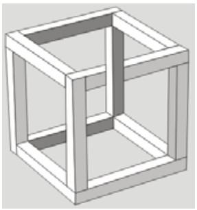 Desenho de um cubo impossível em perspectiva, cujas arestas frontais e traseiras se cruzam e se conectam de maneira paradoxal.