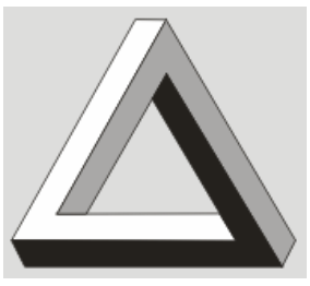 Desenho do triângulo de Penrose, uma figura triangular impossível cujas três barras sólidas formam ângulos retos aparentes em perspectiva.