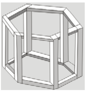 Desenho de uma estrutura de prisma hexagonal impossível, cujas colunas verticais se alternam conectando a base frontal ao topo traseiro de forma paradoxal.