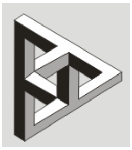 Desenho de uma figura triangular impossível com divisões e travessas internas entrelaçadas em perspectiva paradoxal.