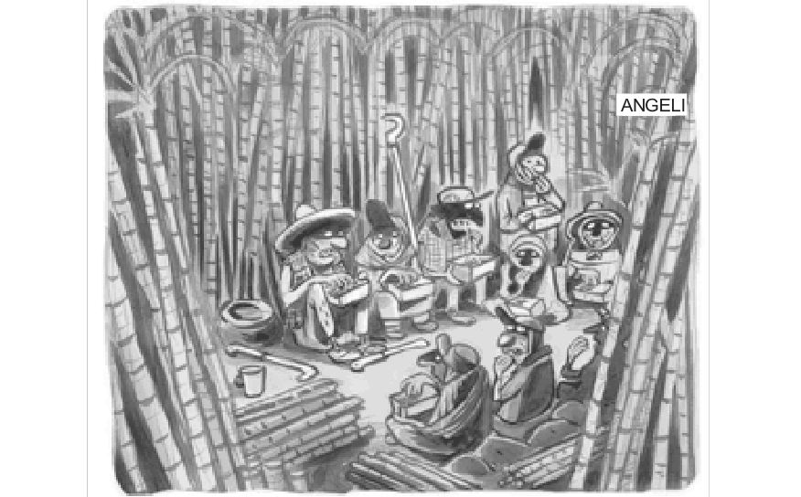 Charge de Angeli retratando trabalhadores rurais cortadores de cana (boias-frias) sentados entre feixes em um canavial, comendo de suas marmitas. Um deles conversa com o companheiro ao lado.
