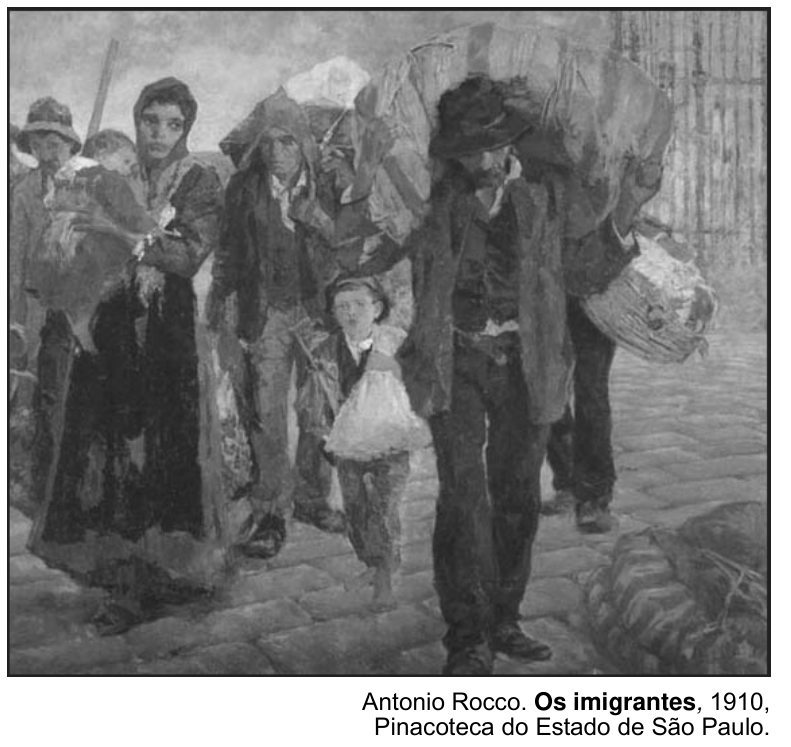 Pintura Os imigrantes (1910), de Antonio Rocco, retratando uma família de imigrantes empobrecidos caminhando a passos pesados e expressões cansadas, carregando fardos e trouxas de roupas nos ombros e nas mãos.