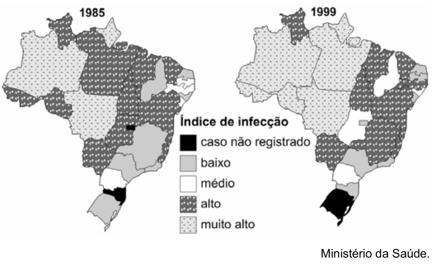 F1 Dois mapas do Brasil com a distribuição espacial dos índices de infecção por leishmaniose tegumentar americana (LTA) nos anos de 1985 e 1999, classificados segundo a legenda em: caso não registrado, baixo, médio, alto e muito alto.