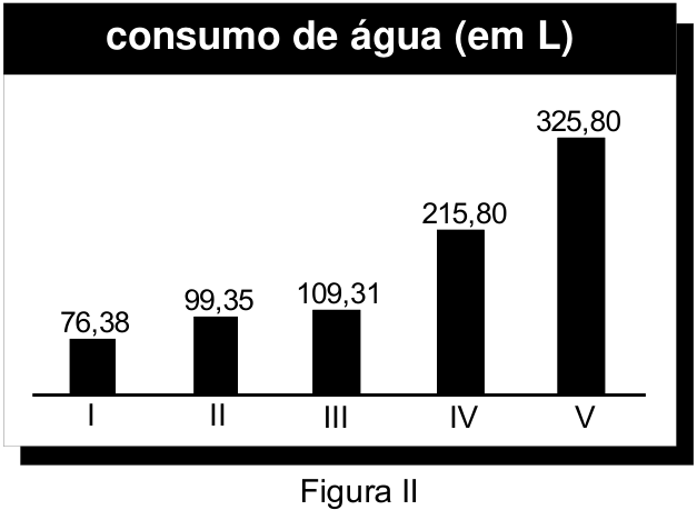 Figura II: gráfico de barras intitulado “consumo de água (em L)”. No eixo horizontal estão as máquinas I, II, III, IV e V, cujos consumos são, respectivamente, 76,38; 99,35; 109,31; 215,80 e 325,80 L.
