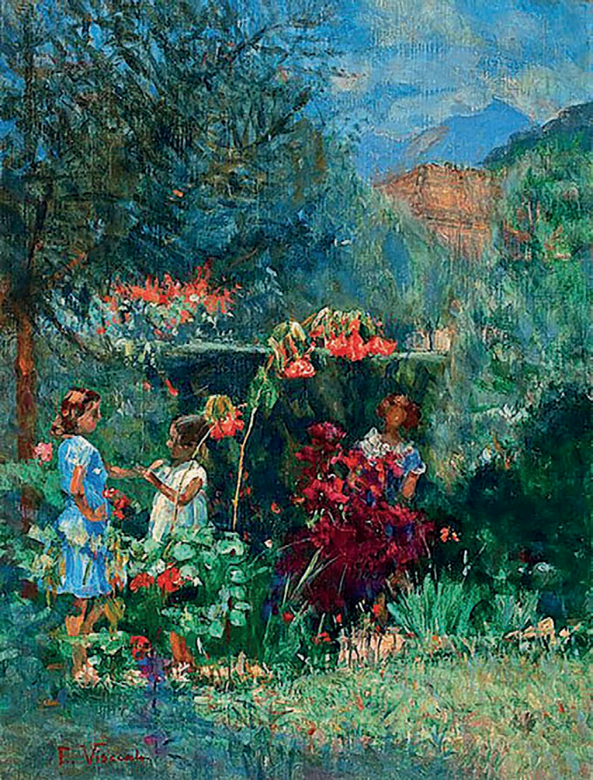Pintura a óleo intitulada "Três meninas no jardim", de Eliseu Visconti, retratando três meninas em meio a uma vegetação exuberante com flores vermelhas, sob iluminação solar, caracterizada por pinceladas livres e efeitos de luz e cor.