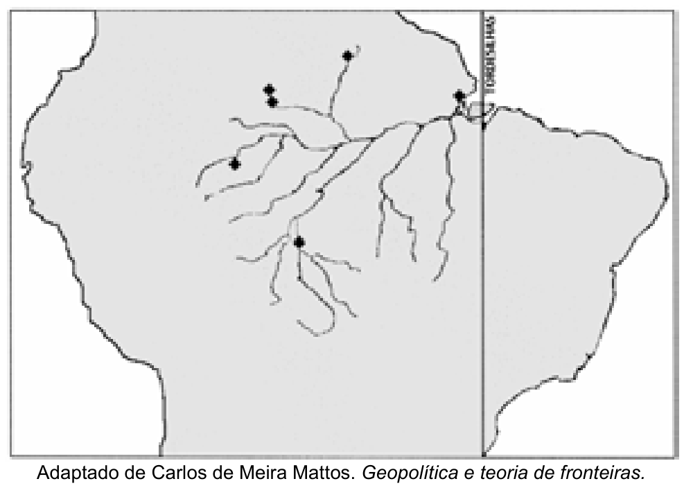 F1 Mapa da porção norte da América do Sul destacando a rede hidrográfica da bacia amazônica e a linha vertical do Tratado de Tordesilhas. Diversos pontos representando fortificações militares estão assinalados ao longo dos rios, a oeste da referida linha.