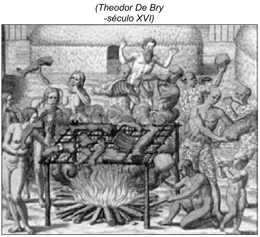Gravura em preto e branco de Theodor de Bry retratando um ritual antropofágico indígena com corpos esquartejados sendo assados sobre uma grelha em brasa.