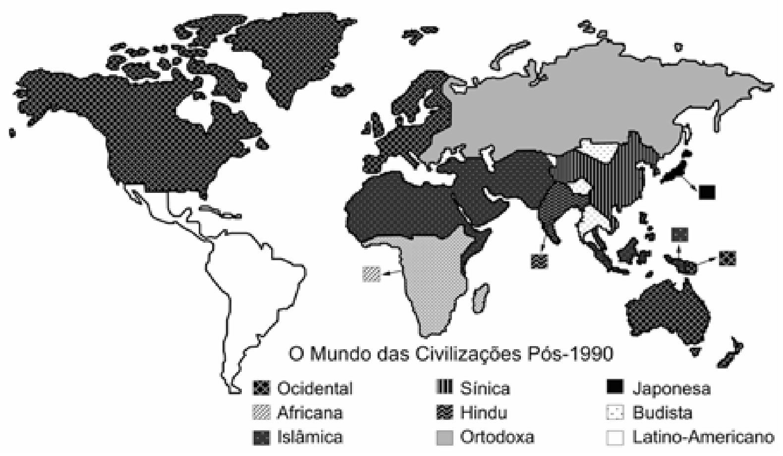 Mapa-múndi intitulado "O Mundo das Civilizações Pós-1990", dividindo os países em nove civilizações: Ocidental, Africana, Islâmica, Sínica, Hindu, Ortodoxa, Japonesa, Budista e Latino-Americano.