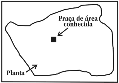 F1 Esquema dentro de uma moldura retangular mostrando o contorno irregular de uma cidade, indicado por uma seta com o texto "Planta". No interior da área há um pequeno quadrado preto preenchido, indicado por uma seta com o texto "Praça de área conhecida".