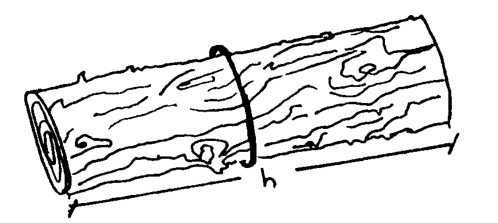 Ilustração de uma tora de madeira deitada, com comprimento indicado pela letra h e um barbante dando uma volta completa ao redor de sua seção circular.