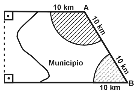 F1 Esboço da área do município em formato trapezoidal com bases horizontais e lados perpendiculares à esquerda indicados por linha tracejada com cantos retos. No lado direito inclinado, nos vértices A e B, encontram-se setores circulares hachurados de raio 10 km que representam o alcance das emissoras. As distâncias de 10 km estão indicadas ao longo das bordas a partir dos pontos A e B.