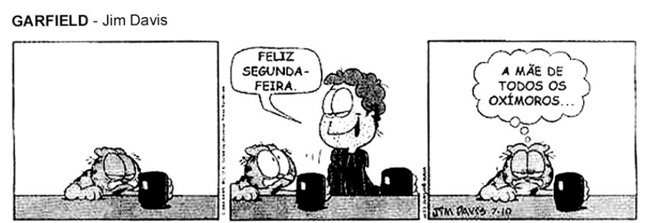 F1 Tirinha em três quadrinhos, intitulada “GARFIELD - Jim Davis”. No primeiro, Garfield está apoiado sobre uma mesa, ao lado de uma caneca. No segundo, Jon sorri e diz “FELIZ SEGUNDA-FEIRA.”, enquanto Garfield olha para ele. No terceiro, Garfield pensa “A MÃE DE TODOS OS OXÍMOROS...”. No canto inferior aparece a assinatura “JIM DAVIS 7-10”.
