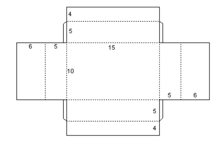 F1 Planificação da caixa mostrando um retângulo central de dimensões 15 por 10, com abas laterais com larguras 5 e 6, e abas superior e inferior com alturas 5 e 4, indicando as linhas de dobra em traço pontilhado