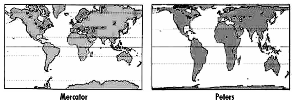 F1 Dois mapas-múndi comparativos: à esquerda, a projeção de Mercator; à direita, a projeção de Peters.