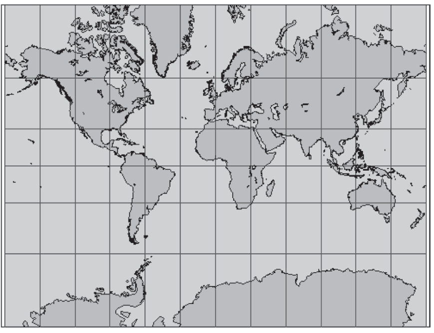 Mapa-múndi na Projeção de Mercator com uma grade de paralelos e meridianos perpendiculares retos