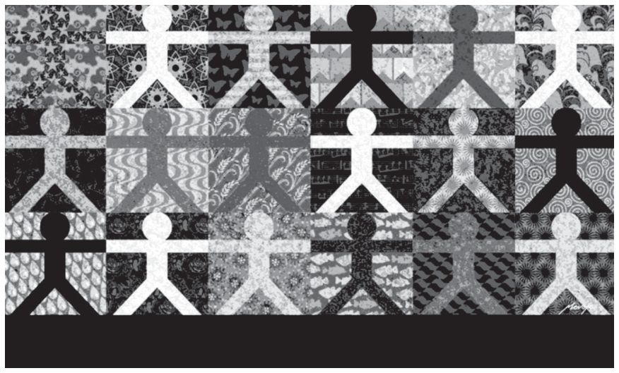 Mosaico retangular formado por uma grade de figuras humanas estilizadas de braços e pernas abertos, dispostas lado a lado e uma sobre a outra. Cada figura humana e o retângulo em seu fundo apresentam preenchimentos e padrões gráficos diversos em preto, branco e tons de cinza, com estampas como estrelas, borboletas, flores, peixes e notas musicais.