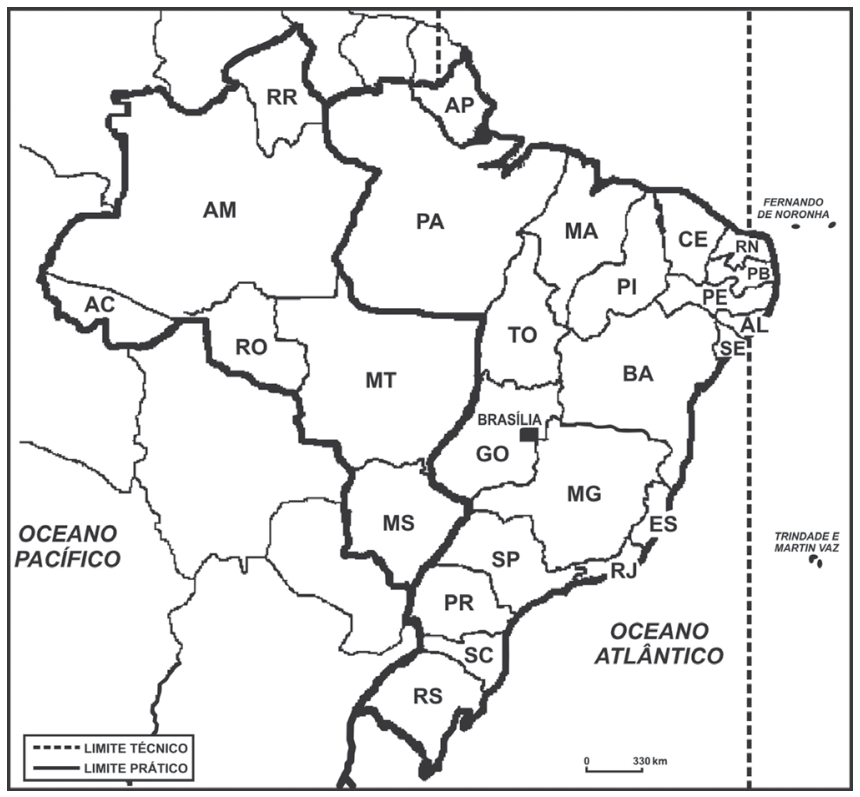 Mapa do Brasil indicando a divisão dos fusos horários no território nacional, com legendas para limite técnico em linhas tracejadas e limite prático em traçado preto contínuo espesso.