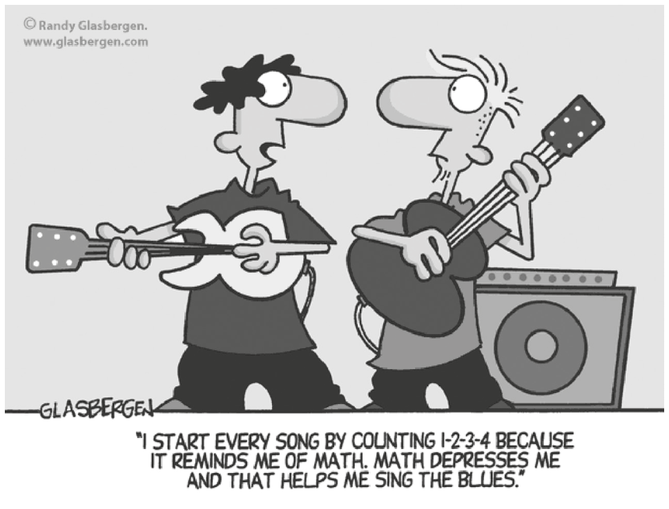 Cartum de Randy Glasbergen mostrando dois rapazes em pé tocando guitarras. Um deles diz: "I start every song by counting 1-2-3-4 because it reminds me of math. Math depresses me and that helps me sing the blues."