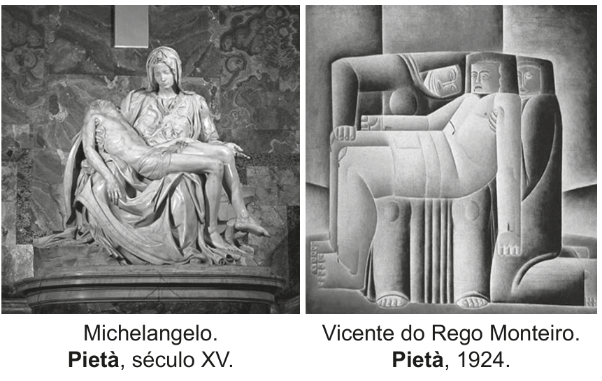 Duas obras de arte representando a Pietà lado a lado: à esquerda, a escultura de Michelangelo do século XV, com alto grau de realismo anatômico e drapeados detalhados; à direita, a pintura de Vicente do Rego Monteiro, datada de 1924, com figuras humanas estilizadas em formas geométricas, sólidas e volumétricas, com traços cubistas.