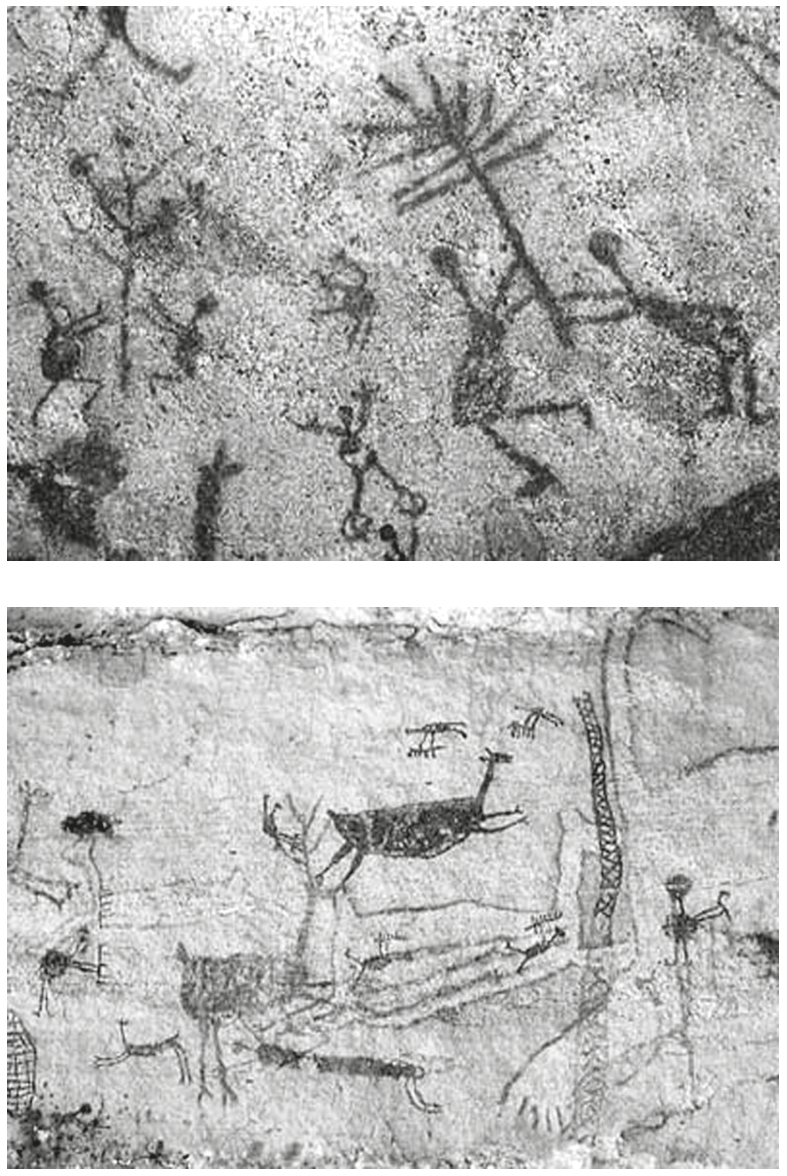 Duas fotografias de arte rupestre da Serra da Capivara: no painel superior, figuras humanas esquemáticas (antropomorfos) em poses dinâmicas com bastões ou elementos ramificados; no painel inferior, representações de animais quadrúpedes (zoomorfos) e figuras antropomorfas associadas a traços verticais sobre a rocha.