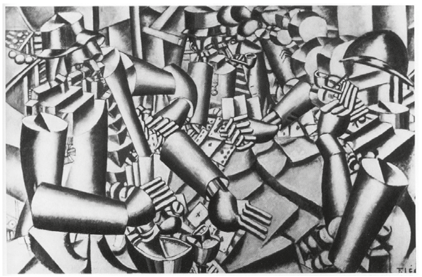 F1 Pintura de Fernand Léger, "Soldados jogando cartas", em estilo cubista, com figuras humanas construídas a partir de formas cilíndricas, tubulares e mecânicas, reunidas ao redor de uma mesa com cartas de baralho.