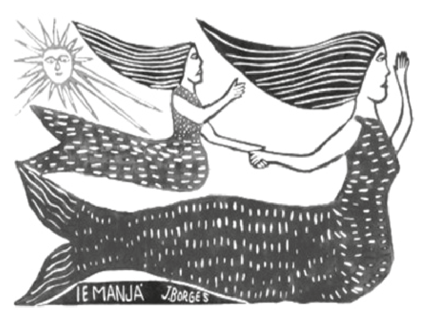 Xilogravura em preto e branco de J. Borges, intitulada "Iemanjá", representando duas sereias nadando para a direita de mãos dadas, com caudas escamadas e longos cabelos pretos esvoaçantes, sob um sol desenhado com rosto humano no canto superior esquerdo. Na base, lê-se a inscrição "IEMANJÁ J.BORGES".