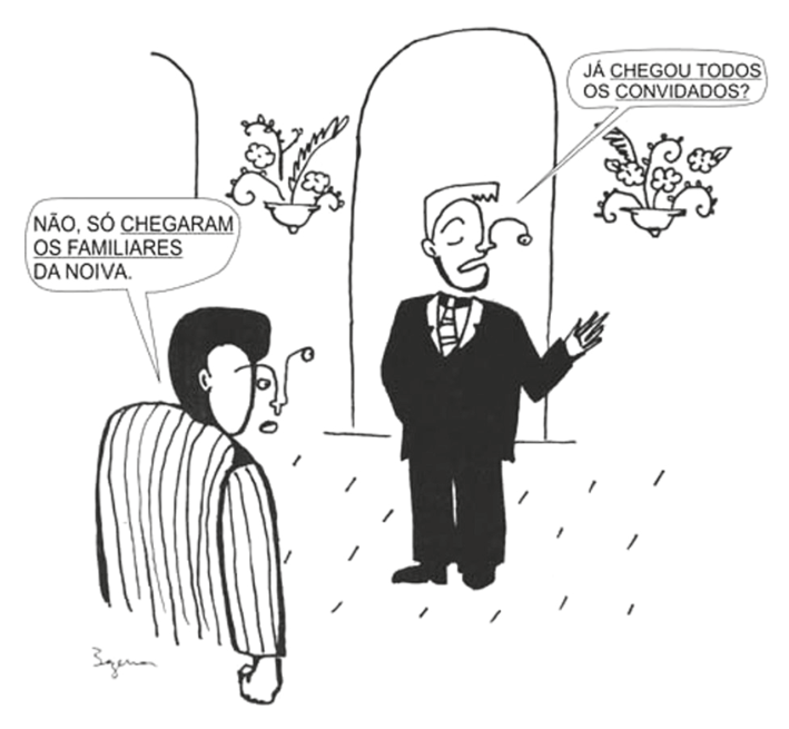 Dois homens conversam em uma festa ou recepção decorada com vasos de plantas suspensos. O homem à direita, de terno e gravata, diz: "JÁ CHEGOU TODOS OS CONVIDADOS?", com o verbo "CHEGOU" sublinhado. O homem à esquerda, com camisa de listras verticais, responde: "NÃO, SÓ CHEGARAM OS FAMILIARES DA NOIVA.", com as palavras "CHEGARAM OS FAMILIARES" sublinhadas.
