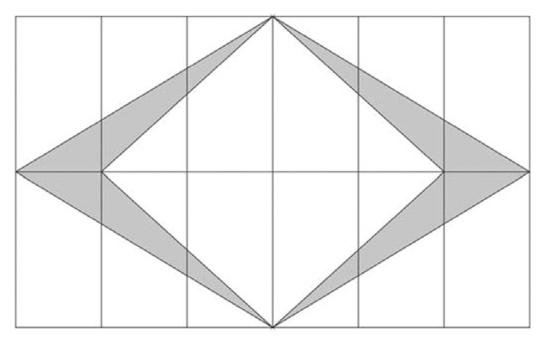 Quadro retangular dividido em uma malha de 6 por 2 retângulos (mosaicos). No interior há uma região sombreada formada pela diferença entre dois losangos de vértices superior e inferior coincidentes no ponto médio das bordas superior e inferior do quadro: o losango maior tem vértices laterais nas bordas extremas esquerda e direita, e o menor tem vértices laterais recuados na primeira linha vertical interna de cada lado.