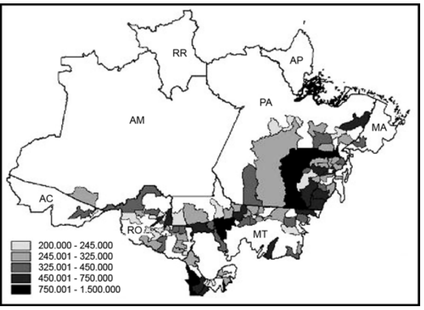 Mapa do bioma amazônico brasileiro dividido por estados (AC, AM, RR, AP, PA, MA, RO e MT), destacando municípios com produção de bovinos em tons de cinza que variam de 200.000 a 1.500.000 cabeças. As maiores concentrações ocorrem no sudeste do Pará, norte do Mato Grosso e em Rondônia.
