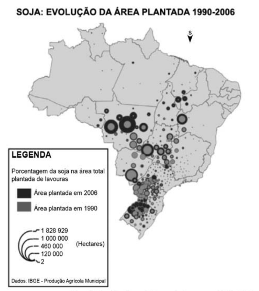 Mapa do Brasil intitulado "SOJA: EVOLUÇÃO DA ÁREA PLANTADA 1990-2006", com círculos proporcionais representando a área plantada em hectares nos anos de 1990 e 2006 nos municípios brasileiros.