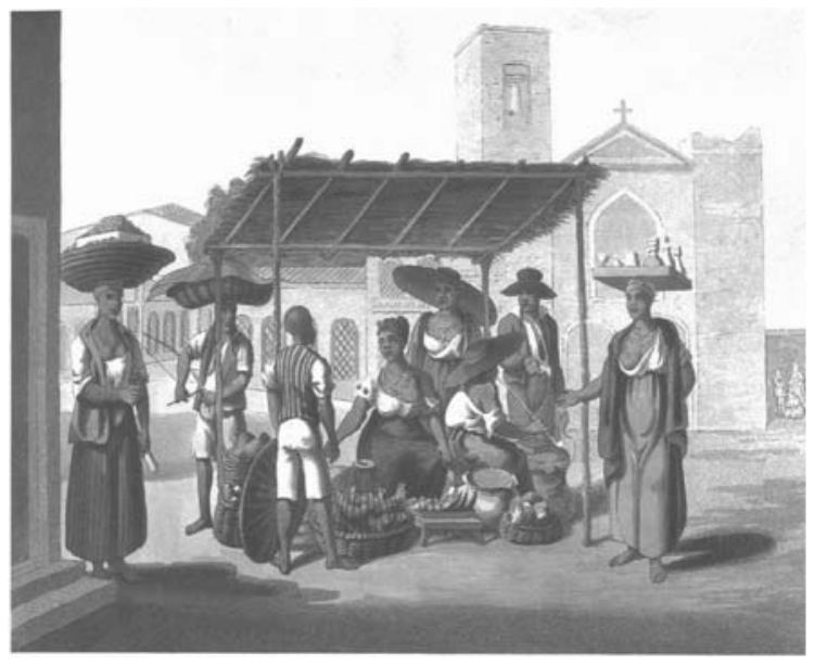 Pintura de Jean-Baptiste Debret mostrando homens e mulheres escravizados vendendo produtos em uma praça pública, sob uma tenda improvisada de palha e ao redor dela, com balaios, cestos e mercadorias, tendo uma igreja e casario ao fundo.