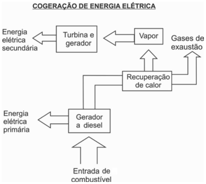 F1 Esquema intitulado Cogeração de Energia Elétrica. Uma seta vertical para cima indica "Entrada de combustível" entrando em "Gerador a diesel". Deste gerador, sai uma seta para a esquerda para "Energia elétrica primária" e uma linha conectora para "Recuperação de calor". Da recuperação de calor, há uma saída para "Gases de exaustão" e outra para "Vapor". O vapor segue para "Turbina e gerador", que produz "Energia elétrica secundária".