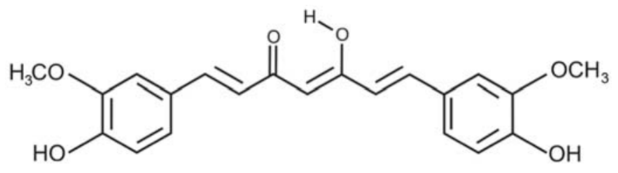 Fórmula estrutural plana da molécula de curcumina, apresentando dois anéis aromáticos nas extremidades — cada um com substituintes hidroxila (-OH) e metoxila (-OCH3 / H3CO-) — conectados por uma cadeia conjugada com uma função cetona (C=O) e um enol (=C-OH).
