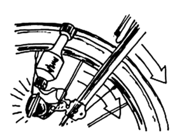 Ilustração de um dínamo e farol acoplados à roda de uma bicicleta, com a lâmpada acesa e setas indicando o movimento de rotação do pneu.