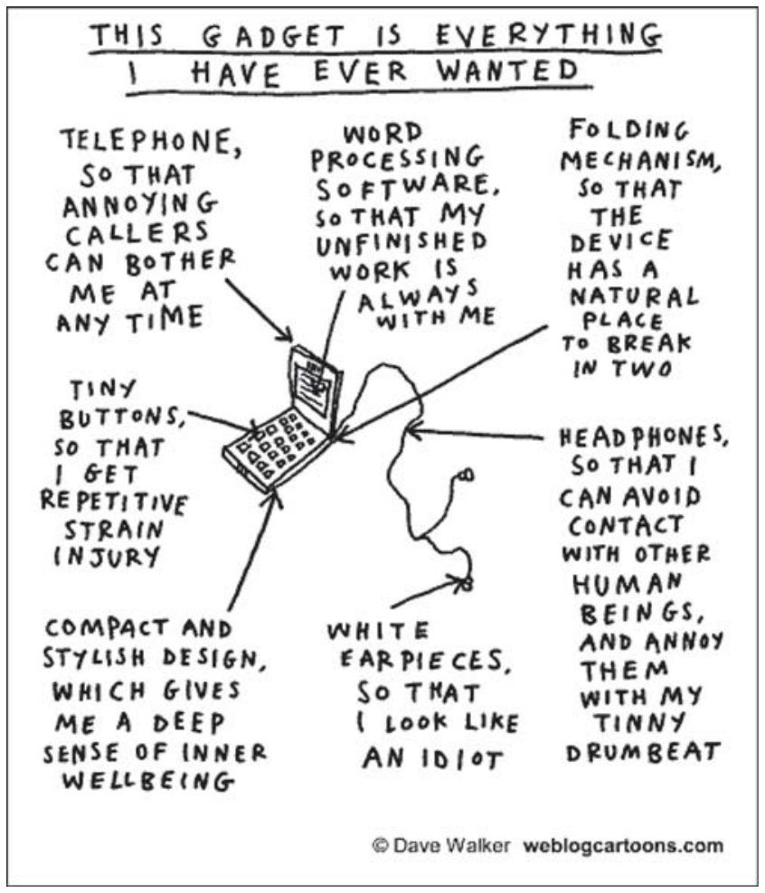 F1 Cartum de Dave Walker ironizando os recursos de um telefone celular com o título "THIS GADGET IS EVERYTHING I HAVE EVER WANTED"