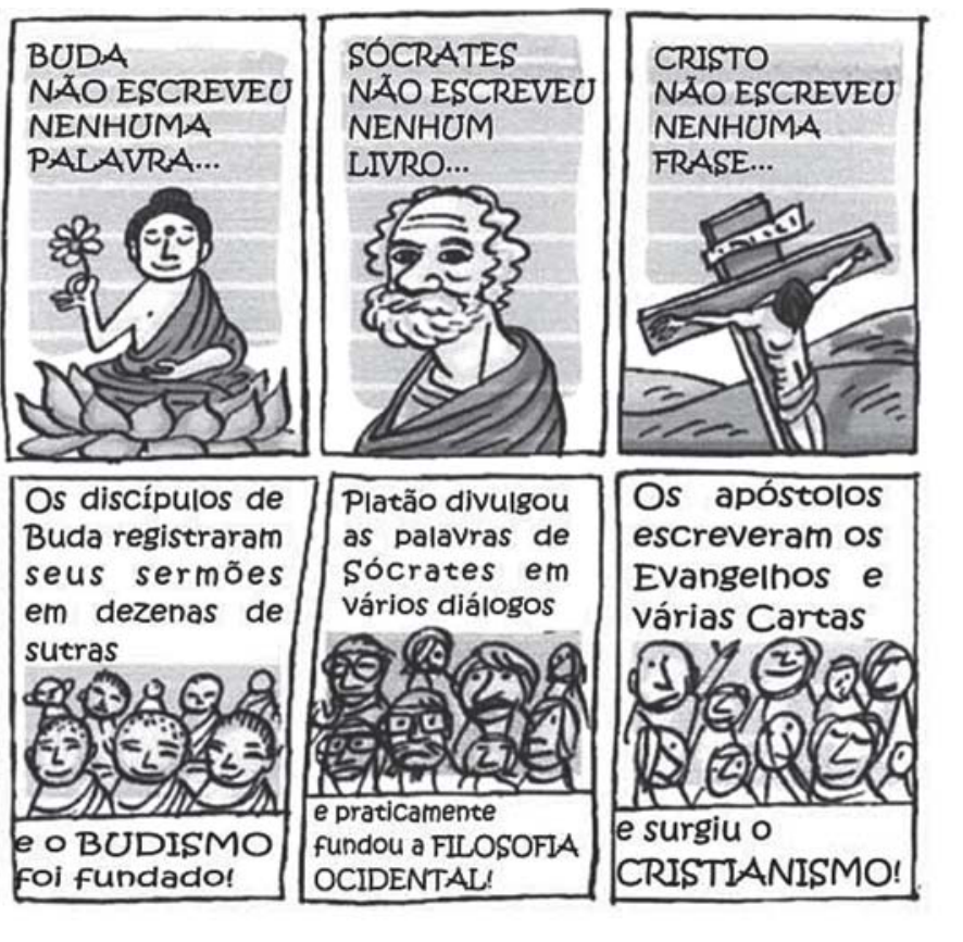 F1 Tirinha de seis quadrinhos. No primeiro quadrinho: "BUDA NÃO ESCREVEU NENHUMA PALAVRA...", acompanhado da ilustração de Buda; no segundo: "SÓCRATES NÃO ESCREVEU NENHUM LIVRO...", acompanhado da ilustração de Sócrates; no terceiro: "CRISTO NÃO ESCREVEU NENHUMA FRASE...", com a ilustração de Cristo crucificado. Abaixo de cada um, os respectivos desdobramentos: no quarto: "Os discípulos de Buda registraram seus sermões em dezenas de sutras e o BUDISMO foi fundado!"; no quinto: "Platão divulgou as palavras de Sócrates em vários diálogos e praticamente fundou a FILOSOFIA OCIDENTAL!"; e no sexto: "Os apóstolos escreveram os Evangelhos e várias Cartas e surgiu o CRISTIANISMO!".