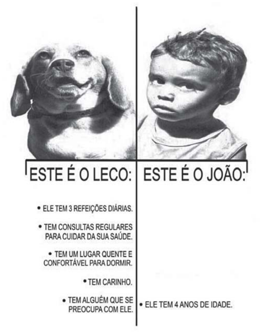 Peça publicitária dividida em duas colunas. À esquerda, a foto de um cachorro com a legenda "ESTE É O LECO:", acompanhada dos tópicos: "ELE TEM 3 REFEIÇÕES DIÁRIAS.", "TEM CONSULTAS REGULARES PARA CUIDAR DA SUA SAÚDE.", "TEM UM LUGAR QUENTE E CONFORTÁVEL PARA DORMIR.", "TEM CARINHO.", "TEM ALGUÉM QUE SE PREOCUPA COM ELE.". À direita, a foto de um menino com olhar triste e a legenda "ESTE É O JOÃO:", acompanhada de apenas um tópico: "ELE TEM 4 ANOS DE IDADE."