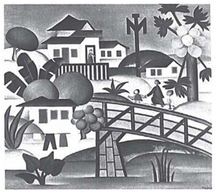 F1 Pintura O mamoeiro, de Tarsila do Amaral, retratando uma paisagem com formas geométricas estilizadas, casas em colinas, uma ponte curva de madeira por onde caminham figuras humanas, roupas no varal, vegetação tropical e um mamoeiro em destaque.