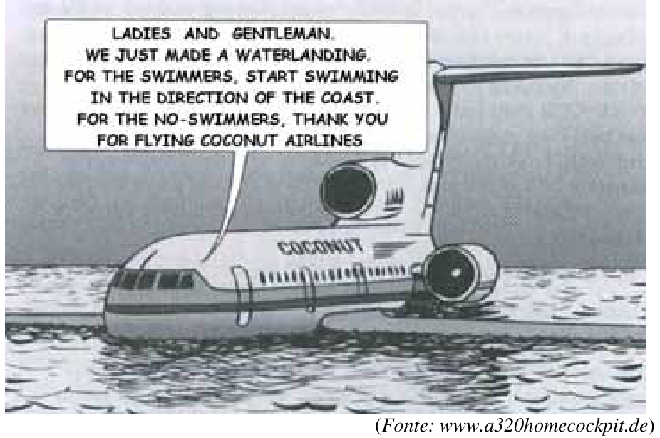 F1 Cartoon de um avião comercial da fictícia Coconut Airlines boiando na água após um pouso de emergência no mar. Um balão de fala vindo do avião traz um anúncio aos passageiros.