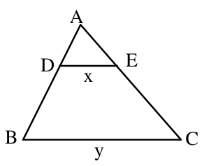 F1 Triângulo ABC com o segmento DE paralelo à base BC. O segmento DE tem comprimento indicado por x e o lado BC tem comprimento y.