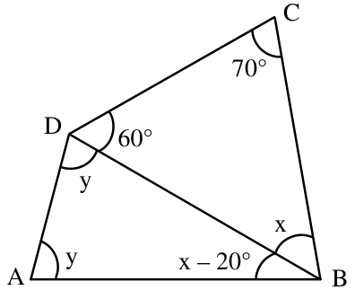 Quadrilátero ABCD dividido pela diagonal BD nos triângulos ABD e BCD. No triângulo ABD, os ângulos nos vértices A e D medem y, e o ângulo em B mede x - 20°. No triângulo BCD, o ângulo em C mede 70°, o ângulo em D mede 60° e o ângulo em B mede x.