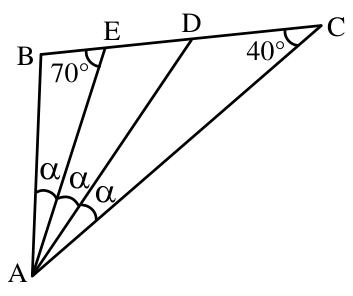 Triângulo ABC com segmentos internos AE e AD ligando o vértice A aos pontos E e D sobre o lado BC. Os ângulos BÂE, EÂD e DÂC medem, cada um, alfa. O ângulo BÊA mede 70° e o ângulo interno no vértice C mede 40°.